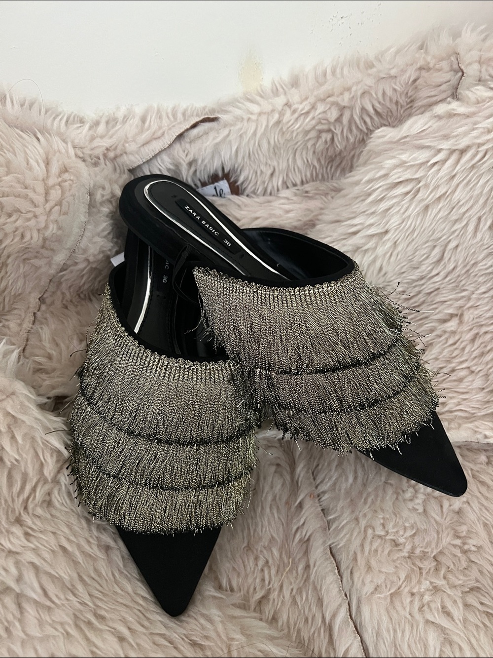 Zara Black Pointed Mules with Metallic Fringe